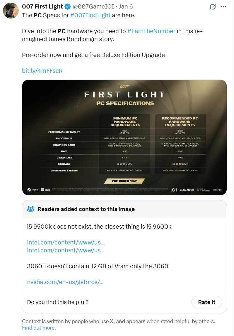 《007：初露锋芒》PC配置离大谱 CPU根本不存在